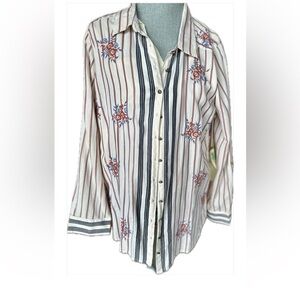 Aratta Striped Floral Button Down Shirt - White, Red, Blue